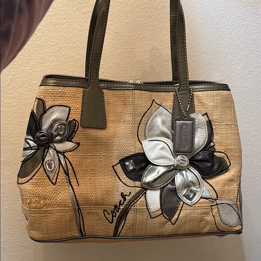 Coach Tan and Black Floral Tote